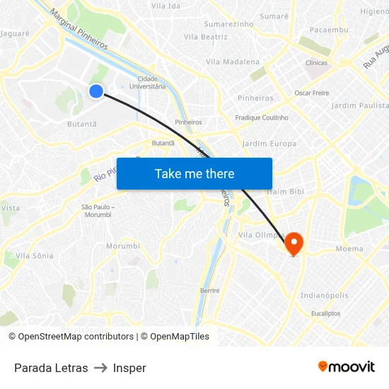 Parada Letras to Insper map