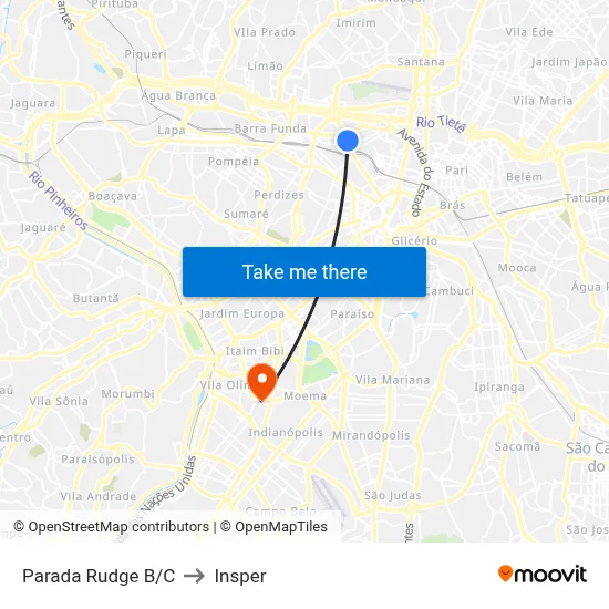 Parada Rudge B/C to Insper map