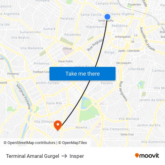 Terminal Amaral Gurgel to Insper map
