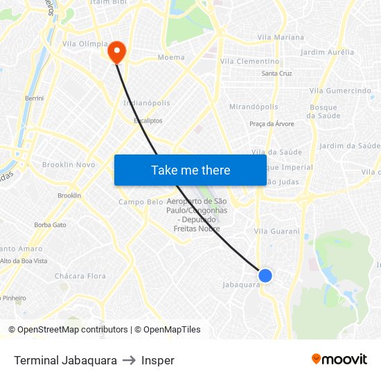 Terminal Jabaquara to Insper map