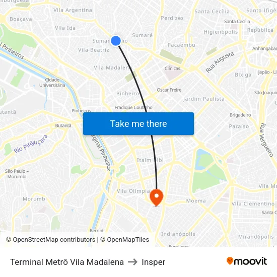 Terminal Metrô Vila Madalena to Insper map