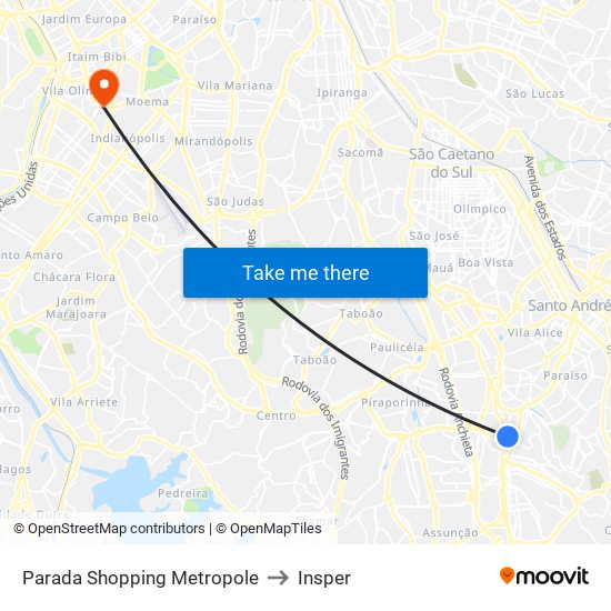 Parada Shopping Metropole to Insper map