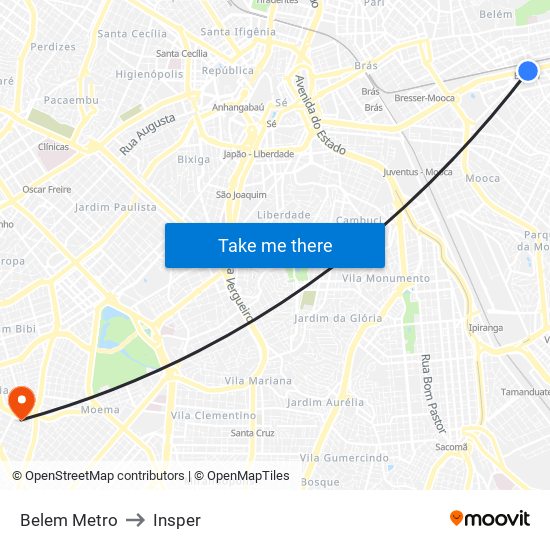 Belem Metro to Insper map