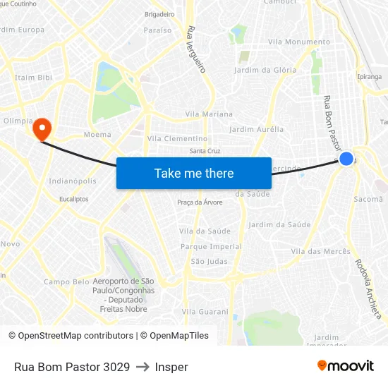 Rua Bom Pastor 3029 to Insper map