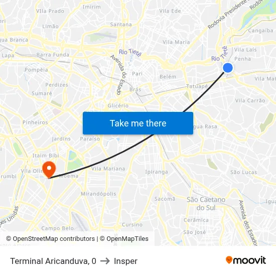 Terminal Aricanduva, 0 to Insper map