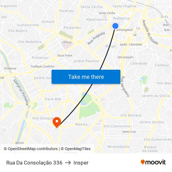 Rua Da Consolação 336 to Insper map