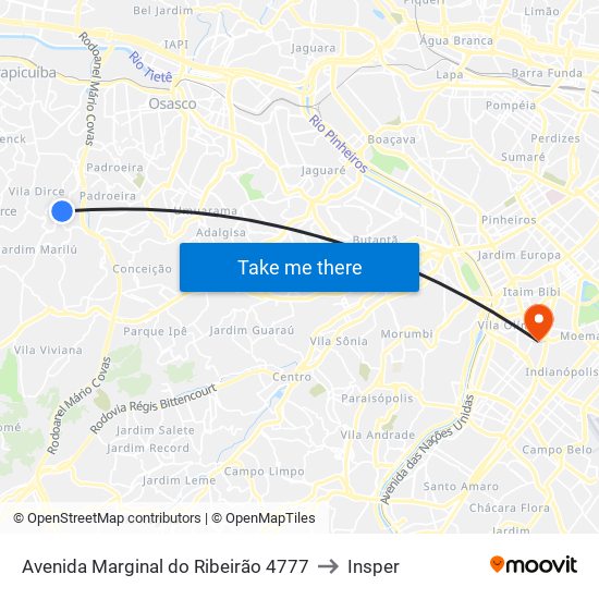 Avenida Marginal do Ribeirão 4777 to Insper map