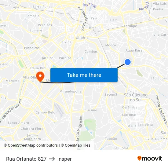 Rua Orfanato 827 to Insper map