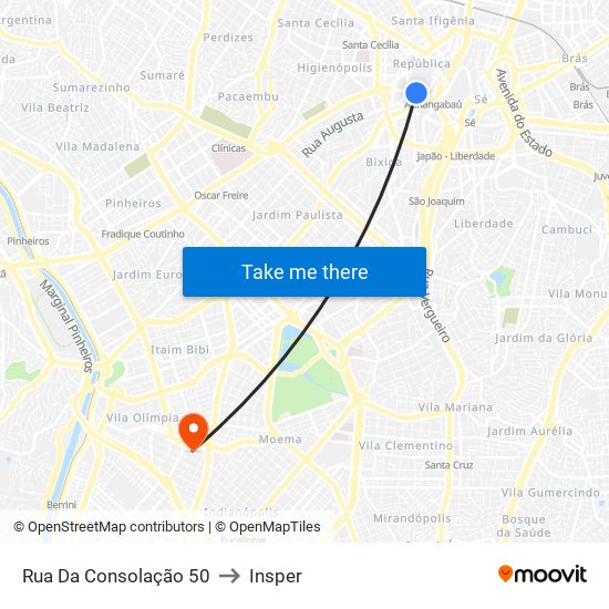 Rua Da Consolação 50 to Insper map
