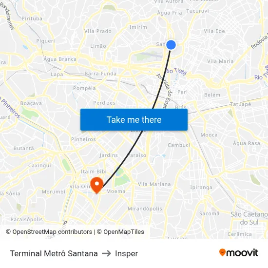 Terminal Metrô Santana to Insper map