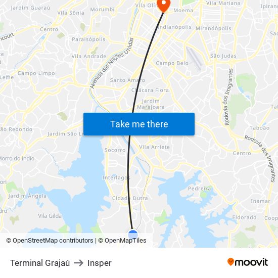 Terminal Grajaú to Insper map
