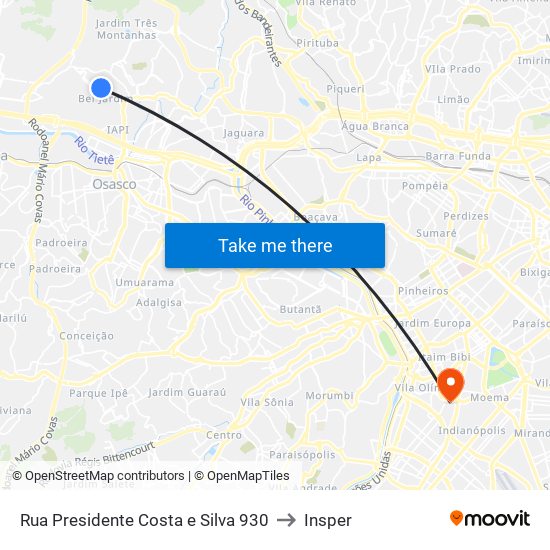 Rua Presidente Costa e Silva 930 to Insper map
