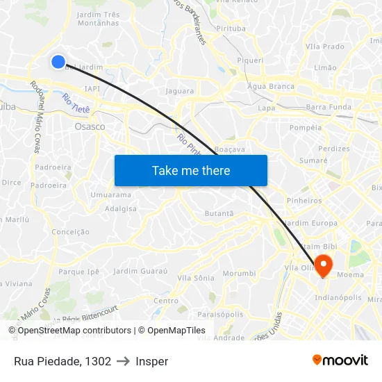 Rua Piedade, 1302 to Insper map