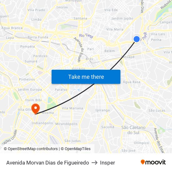 Avenida Morvan Dias de Figueiredo to Insper map