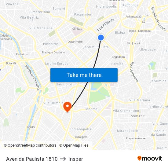 Avenida Paulista 1810 to Insper map