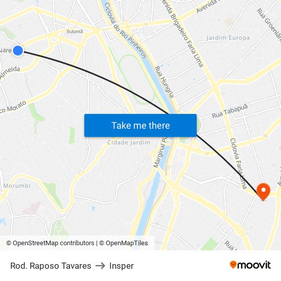 Rod. Raposo Tavares to Insper map