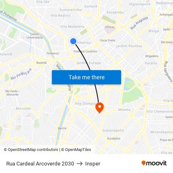 Rua Cardeal Arcoverde 2030 to Insper map