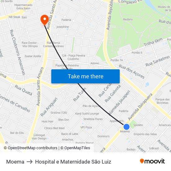 Moema to Hospital e Maternidade São Luiz map