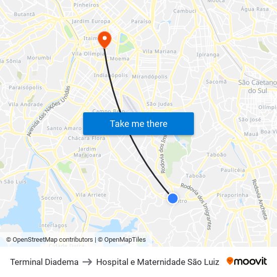 Terminal Diadema to Hospital e Maternidade São Luiz map