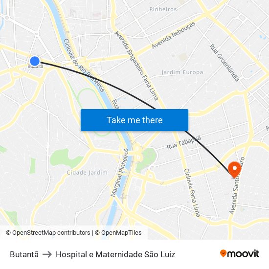 Butantã to Hospital e Maternidade São Luiz map