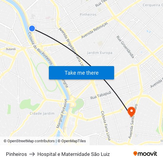 Pinheiros to Hospital e Maternidade São Luiz map