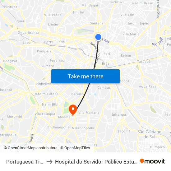 Portuguesa-Tietê to Hospital do Servidor Público Estadual map