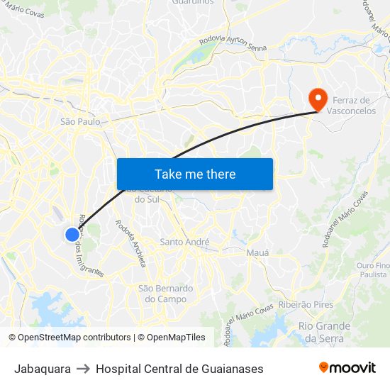 Jabaquara to Hospital Central de Guaianases map