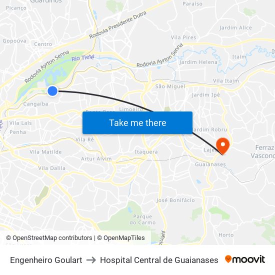 Engenheiro Goulart to Hospital Central de Guaianases map