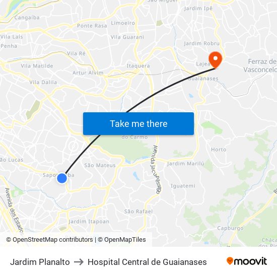 Jardim Planalto to Hospital Central de Guaianases map