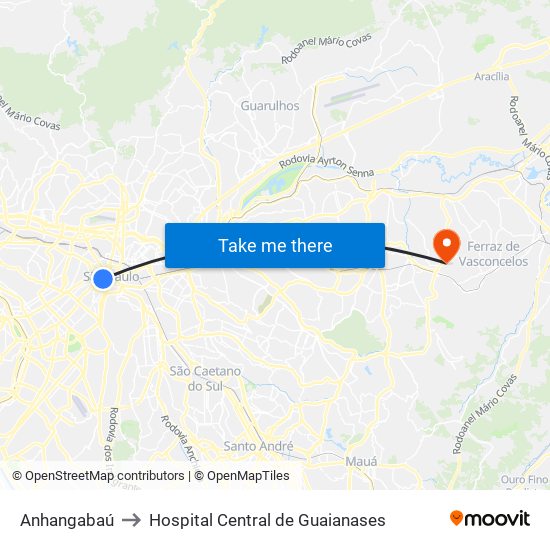 Anhangabaú to Hospital Central de Guaianases map