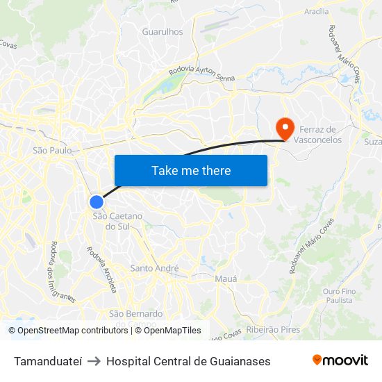 Tamanduateí to Hospital Central de Guaianases map