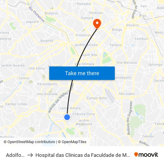 Adolfo Pinheiro to Hospital das Clínicas da Faculdade de Medicina da Universidade de São Paulo map