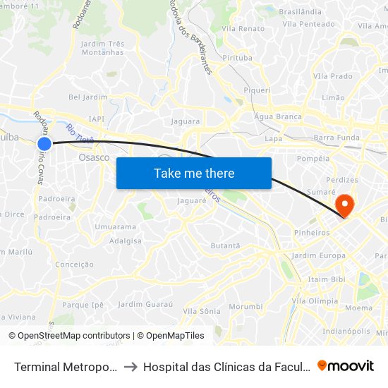 Terminal Metropolitano Luiz Bortolosso / Km 21 to Hospital das Clínicas da Faculdade de Medicina da Universidade de São Paulo map