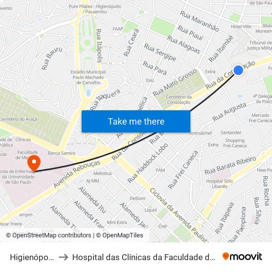 Higienópolis-Mackenzie to Hospital das Clínicas da Faculdade de Medicina da Universidade de São Paulo map