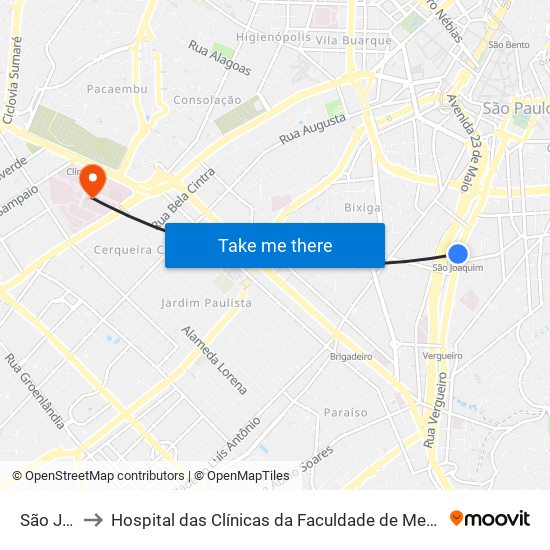 São Joaquim to Hospital das Clínicas da Faculdade de Medicina da Universidade de São Paulo map