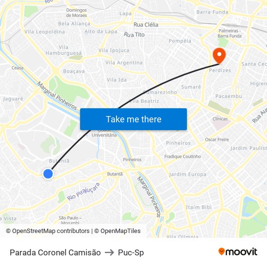 Parada Coronel Camisão to Puc-Sp map