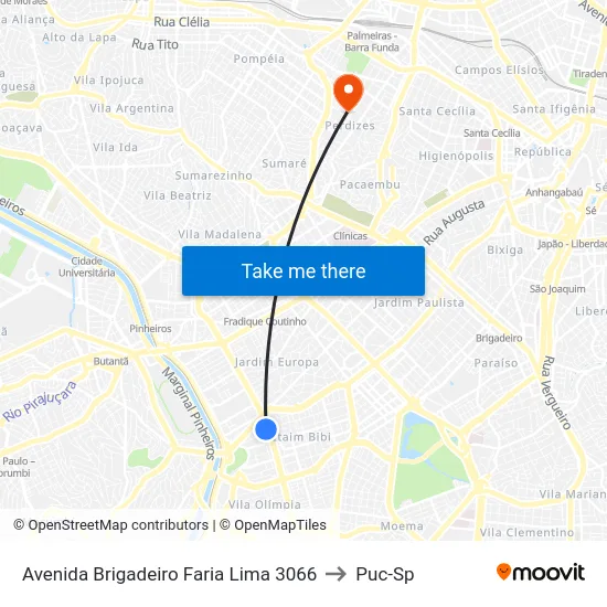 Avenida Brigadeiro Faria Lima 3066 to Puc-Sp map
