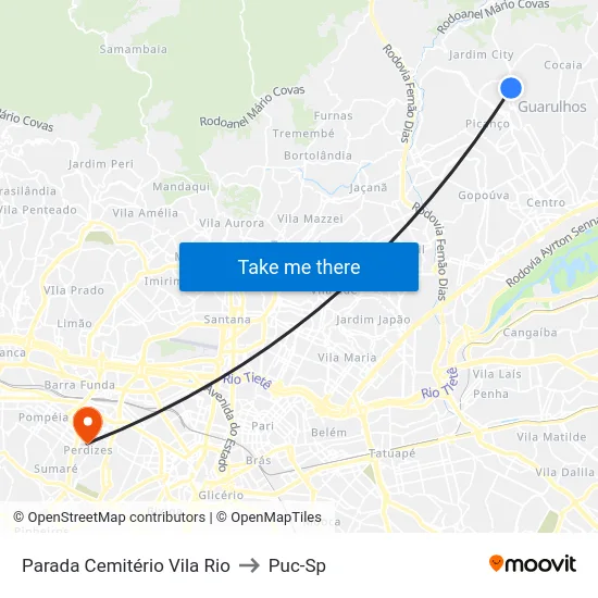 Parada Cemitério Vila Rio to Puc-Sp map