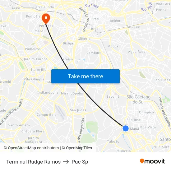 Terminal Rudge Ramos to Puc-Sp map