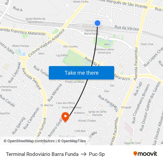 Terminal Rodoviário Barra Funda to Puc-Sp map