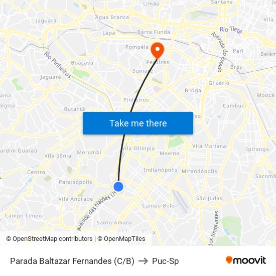 Parada Baltazar Fernandes (C/B) to Puc-Sp map