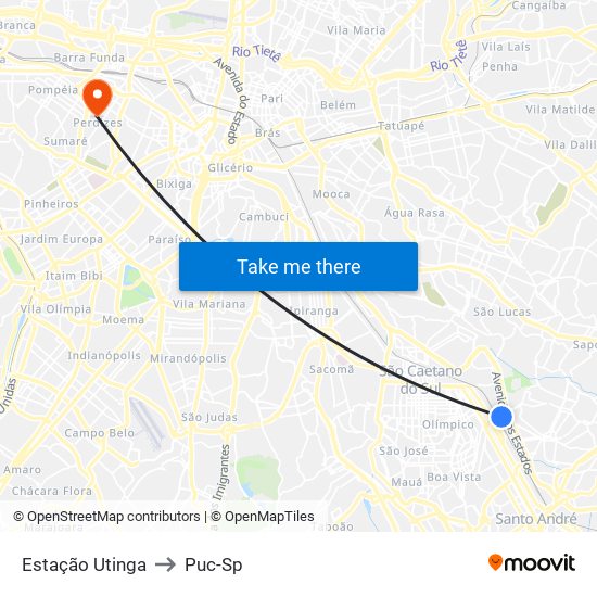 Estação Utinga to Puc-Sp map