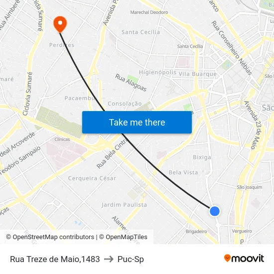 Rua Treze de Maio,1483 to Puc-Sp map