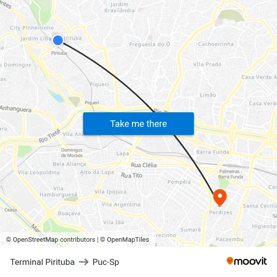 Terminal Pirituba to Puc-Sp map