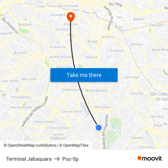 Terminal Jabaquara to Puc-Sp map