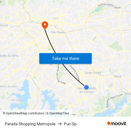 Parada Shopping Metropole to Puc-Sp map