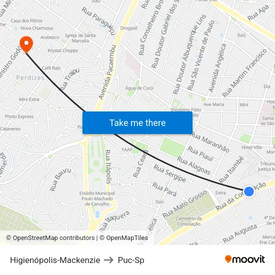 Higienópolis-Mackenzie to Puc-Sp map