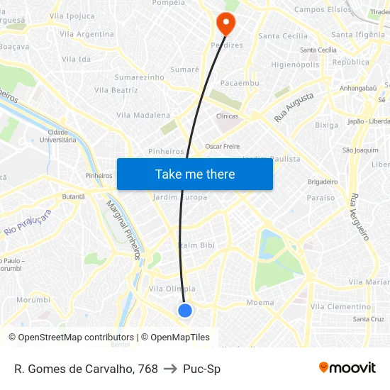 R. Gomes de Carvalho, 768 to Puc-Sp map
