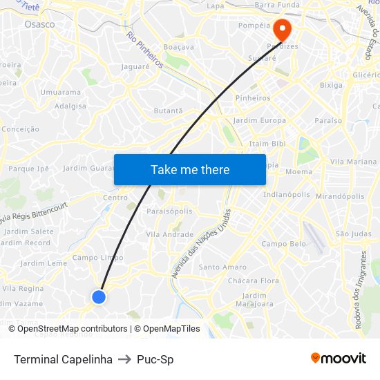 Terminal Capelinha to Puc-Sp map