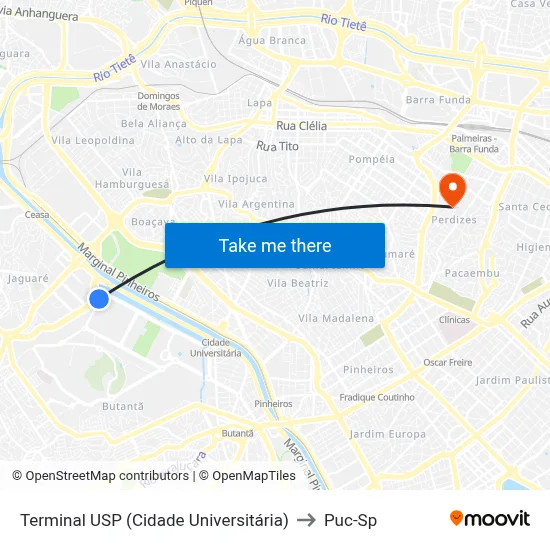 Terminal USP (Cidade Universitária) to Puc-Sp map